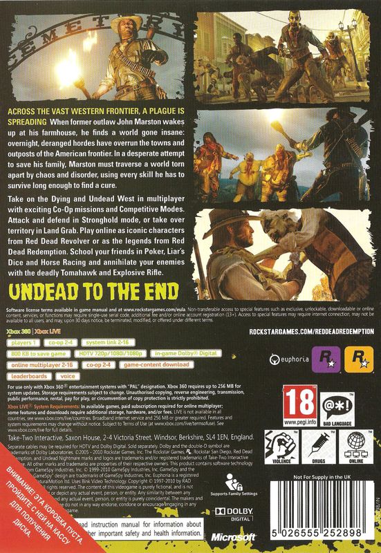 Back Cover for Red Dead Redemption: Undead Nightmare (Xbox 360)