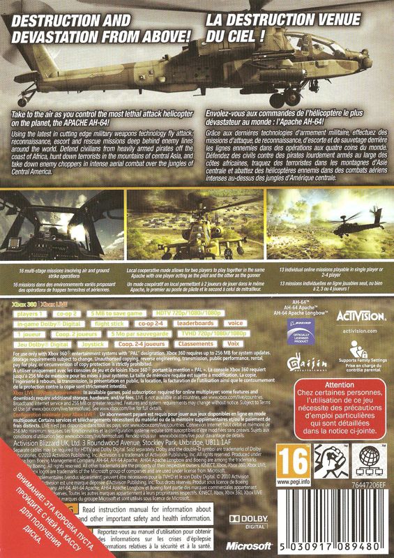 Back Cover for Apache Air Assault (Xbox 360) (Promotional cover)