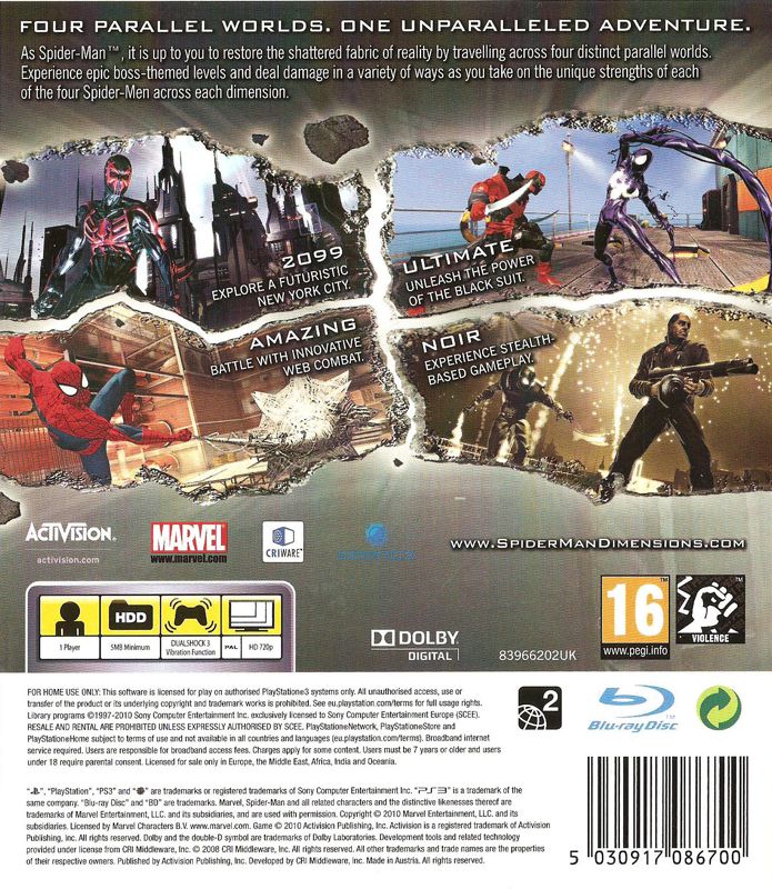 Back Cover for Spider-Man: Shattered Dimensions (PlayStation 3)