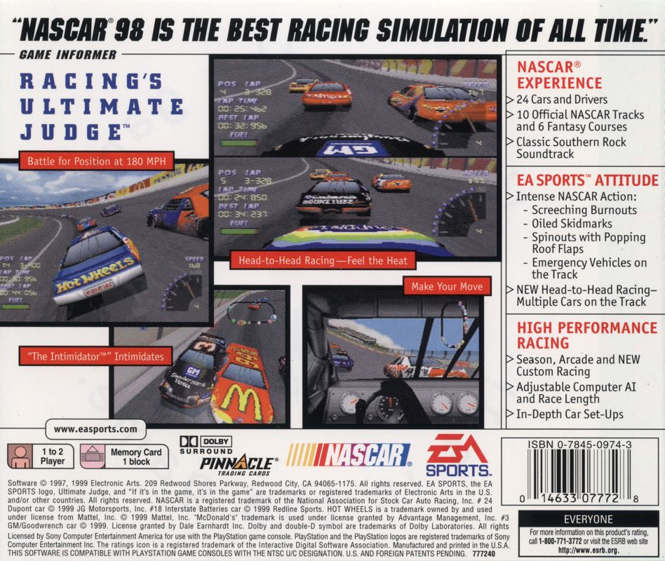Back Cover for NASCAR 98 (PlayStation) (Greatest Hits release)