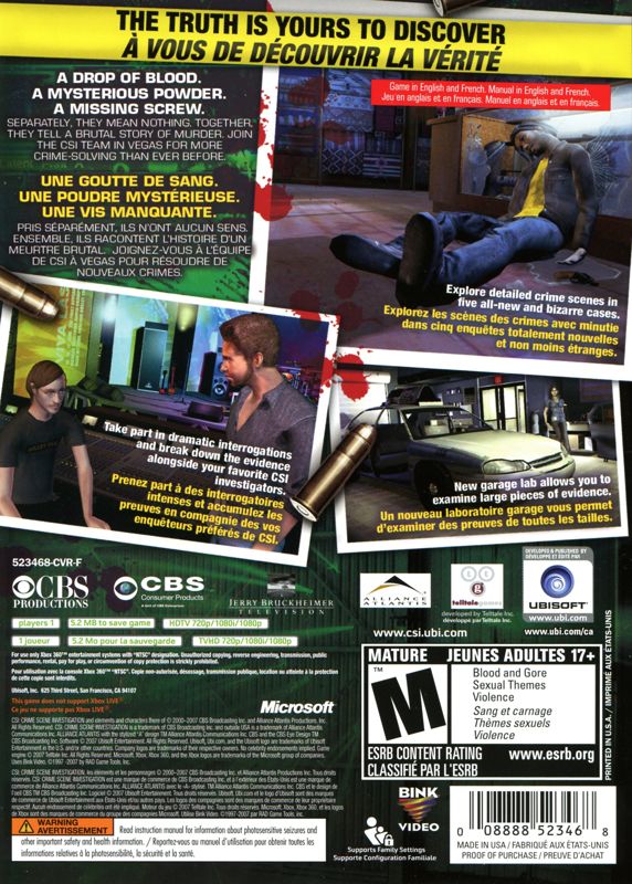Back Cover for CSI: Crime Scene Investigation - Hard Evidence (Xbox 360)