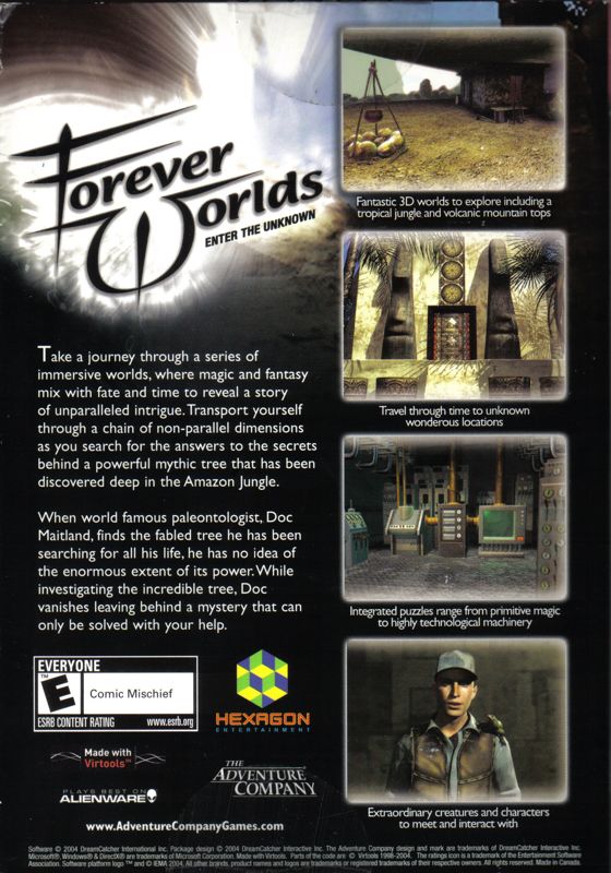 Back Cover for Forever Worlds: Enter the Unknown (Windows) (Back cover, CD & CD inlay rated 'E - Everyone' not 'T - Teen')
