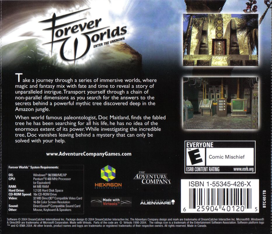 Other for Forever Worlds: Enter the Unknown (Windows) (Back cover, CD & CD inlay rated 'E - Everyone' not 'T - Teen'): Jewel Case: Back