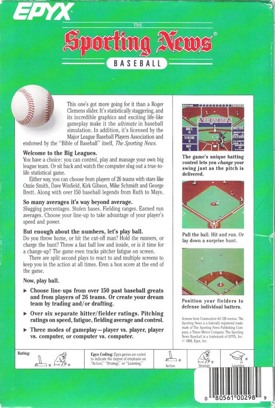 Back Cover for The Sporting News Baseball (DOS) (5.25" disk release)