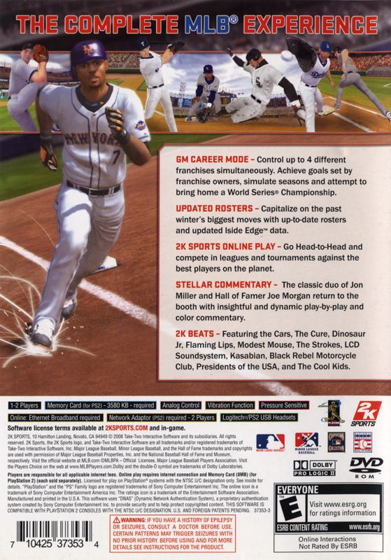 Back Cover for Major League Baseball 2K8 (PlayStation 2)