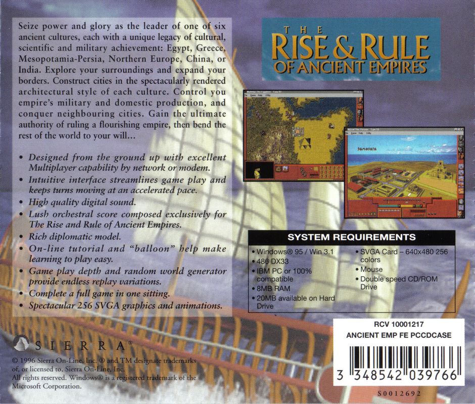 Other for The Rise & Rule of Ancient Empires (Windows and Windows 3.x) (Sierra Originals release): Jewel Case: Back