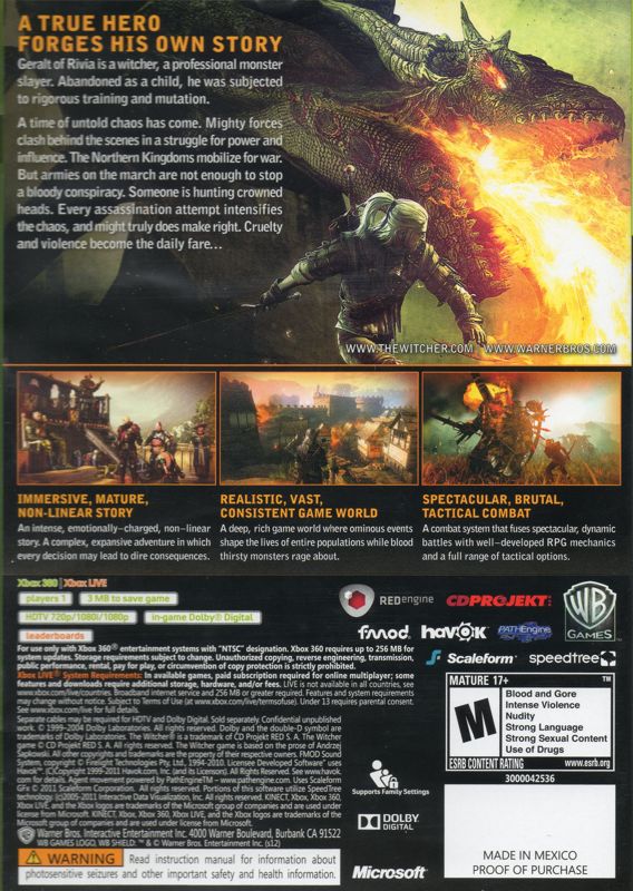 Other for The Witcher 2: Assassins of Kings - Enhanced Edition (Dark Edition) (Xbox 360): Keep Case - Back