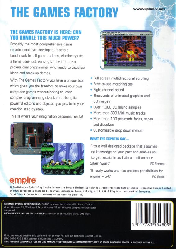 Back Cover for The Games Factory (Windows) (Xplosiv Release)