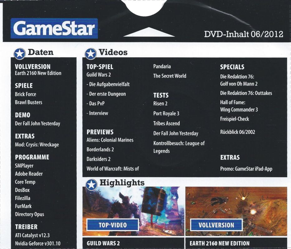 Back Cover for Earth 2160 (Windows) (GameStar 06/2012 covermount)