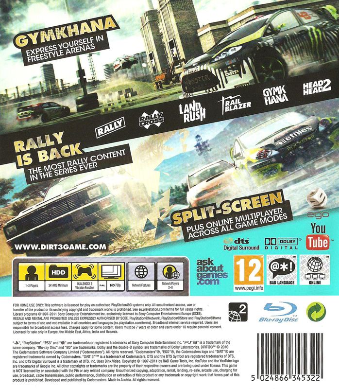 Back Cover for DiRT 3 (PlayStation 3)