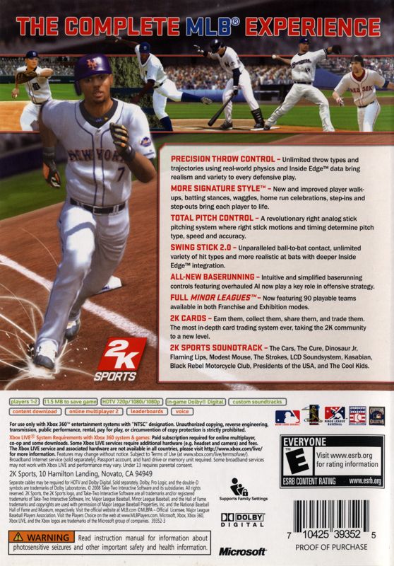 Back Cover for Major League Baseball 2K8 (Xbox 360)