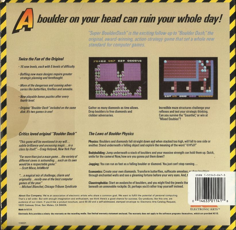 Back Cover for Super Boulder Dash (PC Booter) (5.25" Release (The "record sleeve" version - this game flat box didn't fold.))
