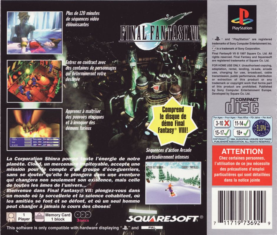 Back Cover for Final Fantasy VII (PlayStation) (Platinum release)
