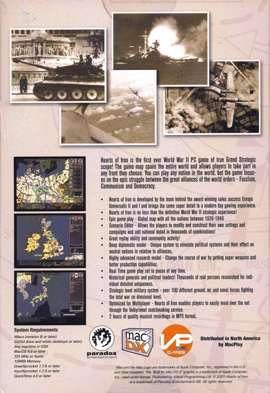 Back Cover for Hearts of Iron (Macintosh)