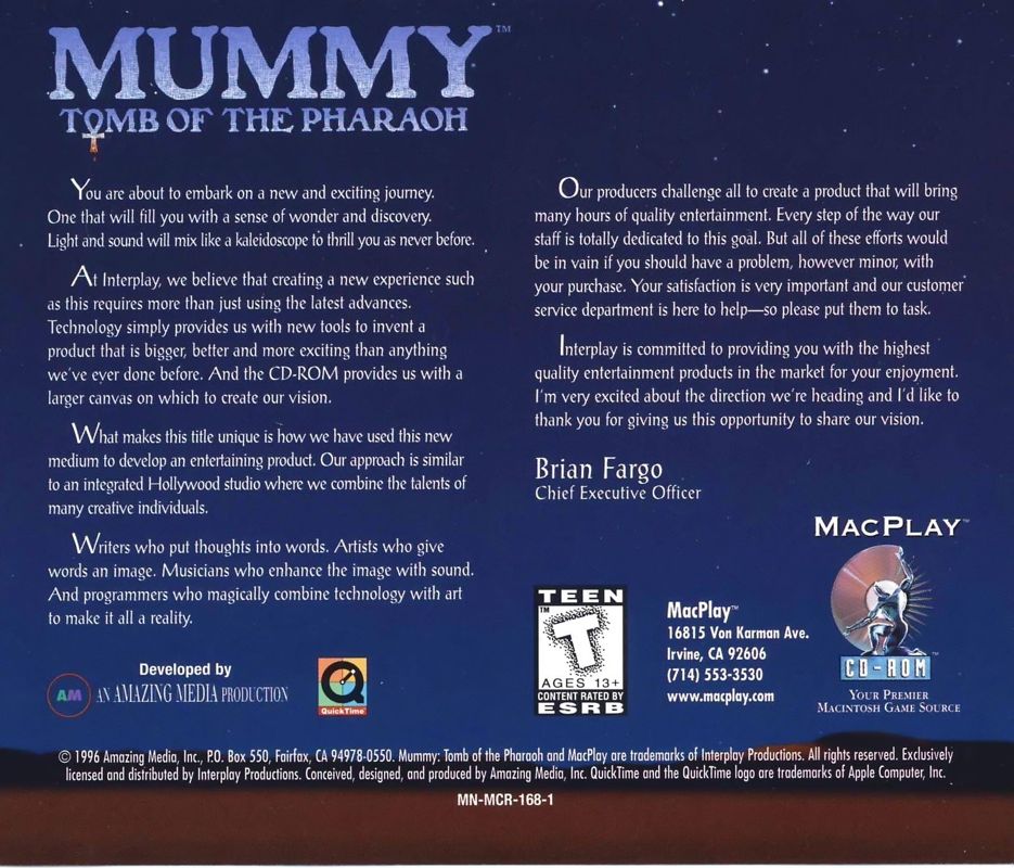 Other for Mummy: Tomb of the Pharaoh (Macintosh): Jewel Case - Back
