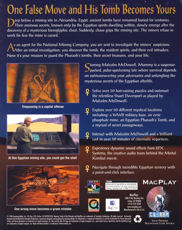 Back Cover for Mummy: Tomb of the Pharaoh (Macintosh)