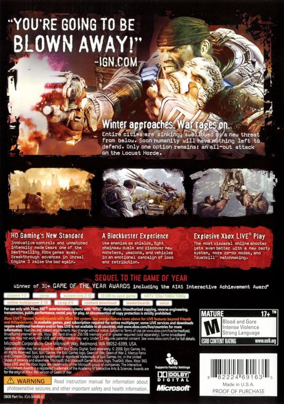 Back Cover for Gears of War 2 (Xbox 360)