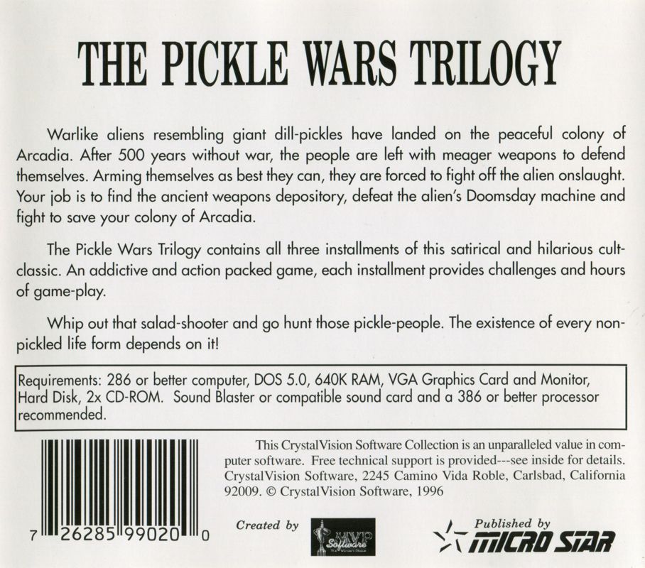 Back Cover for Pickle Wars (DOS) (Pickle Wars Trilogy version 2.0)