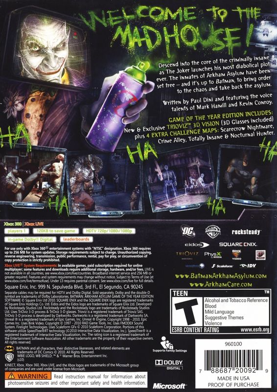 Back Cover for Batman: Arkham Asylum - Game of the Year Edition (Xbox 360) (Platinum Hits release)