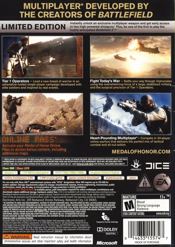 Back Cover for Medal of Honor (Limited Edition) (Xbox 360)