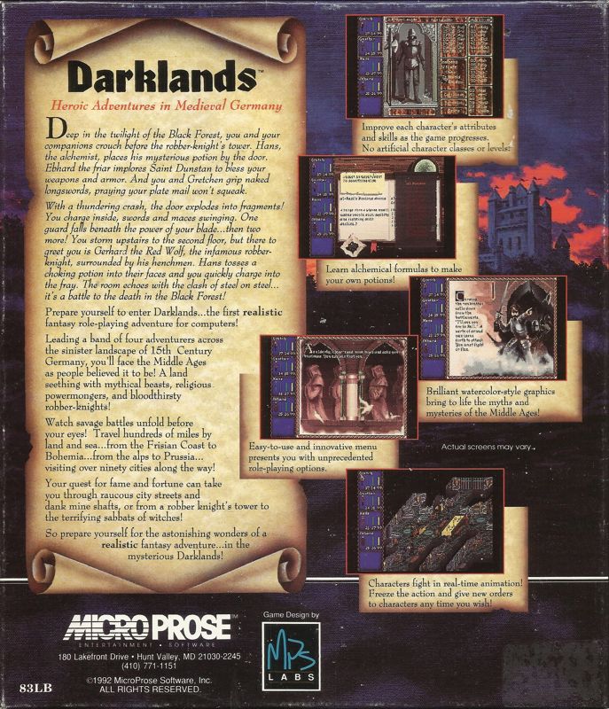 Back Cover for Darklands (DOS) (5.25" Release (version 483.06 with Microprose's 10th Anniversary edition))