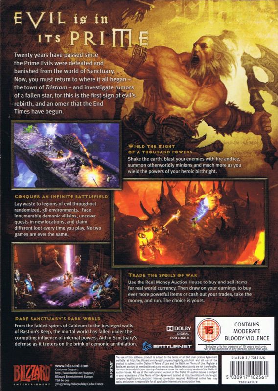Back Cover for Diablo III (Macintosh and Windows): Outer Box