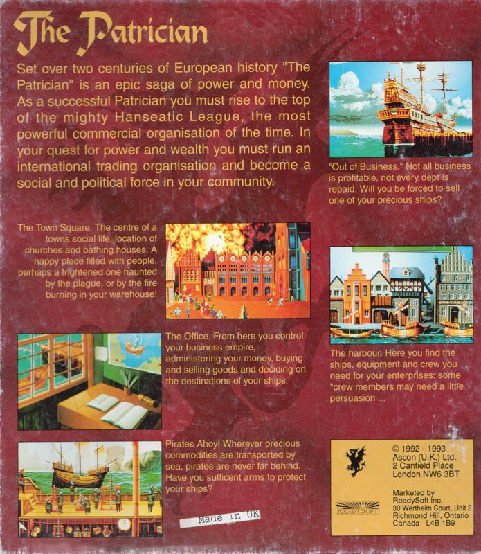 Back Cover for The Patrician (DOS)