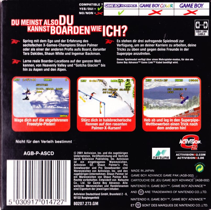 Back Cover for Shaun Palmer's Pro Snowboarder (Game Boy Advance)