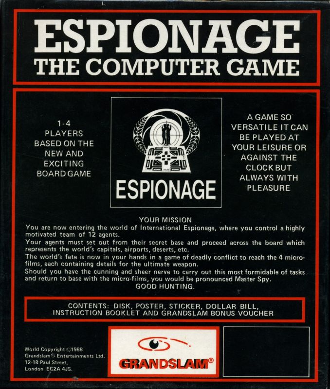Back Cover for Espionage (Atari ST)