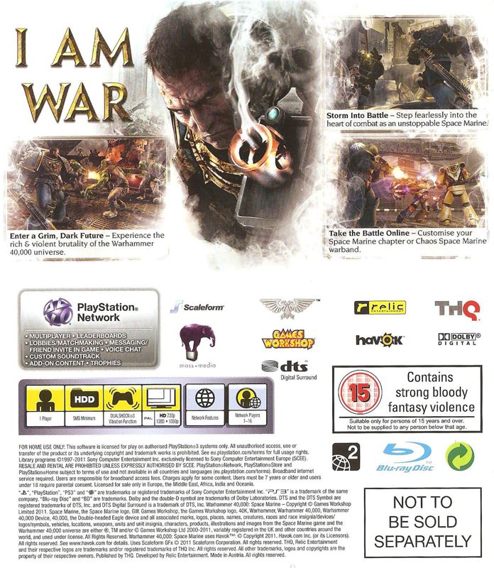 Back Cover for Warhammer 40,000: Space Marine (PlayStation 3) (Bundled with PS 3)