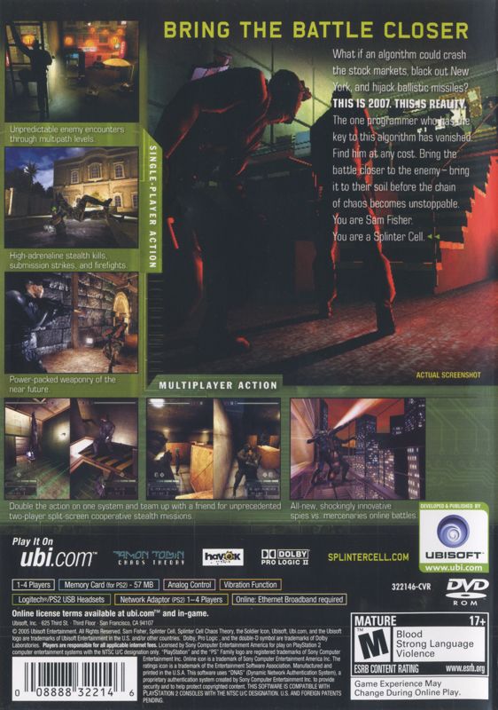 Back Cover for Tom Clancy's Splinter Cell: Chaos Theory (PlayStation 2)