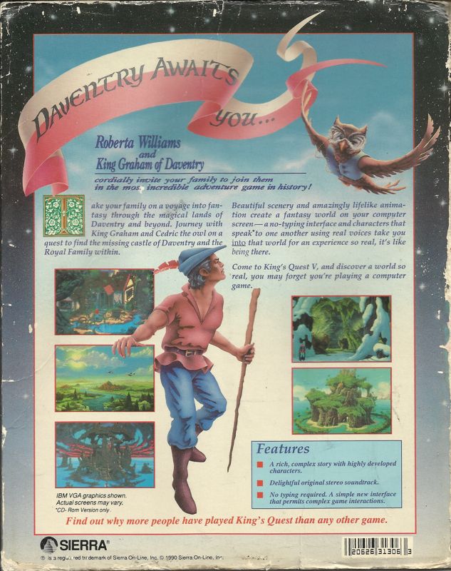 Back Cover for King's Quest V: Absence Makes the Heart Go Yonder! (DOS) (Dual Media EGA 16 color version (0.000.062))