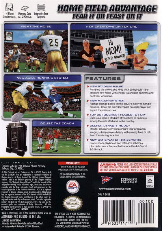 Back Cover for NCAA Football 2005 (GameCube)