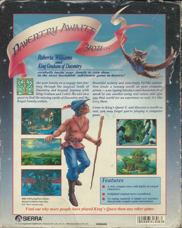 Back Cover for King's Quest V: Absence Makes the Heart Go Yonder! (DOS) (Dual Media EGA 16 color version (0.000.055))