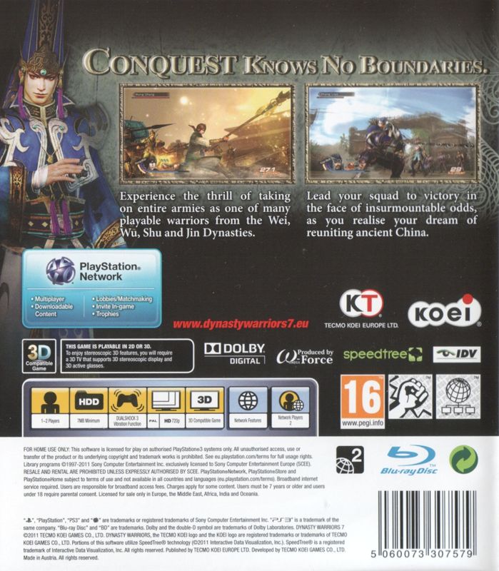 Back Cover for Dynasty Warriors 7 (PlayStation 3)