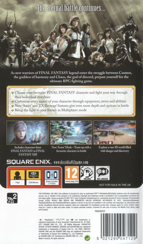 Back Cover for Dissidia 012 [duodecim] Final Fantasy (PSP)