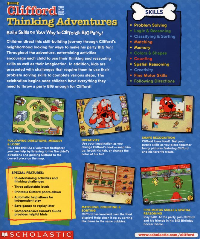 Back Cover for Clifford the Big Red Dog: Thinking Adventures (Macintosh and Windows)