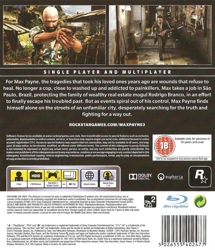 Back Cover for Max Payne 3 (PlayStation 3)