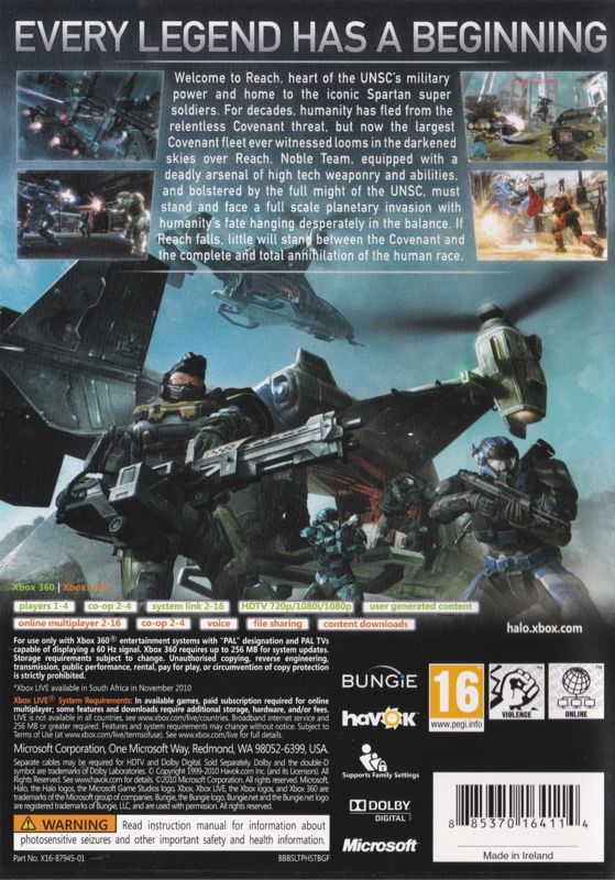 Back Cover for Halo: Reach (Xbox 360) (Made in Ireland. Alternate product code)