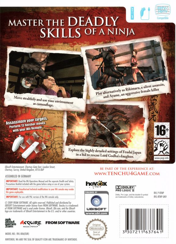 Back Cover for Tenchu: Shadow Assassins (Wii)