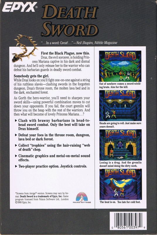 Back Cover for Death Sword (Commodore 64)