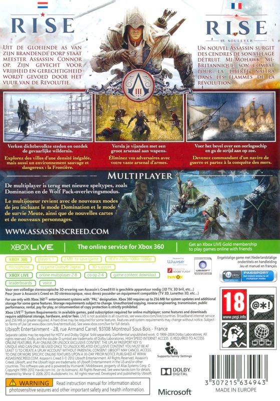 Back Cover for Assassin's Creed III (Xbox 360)