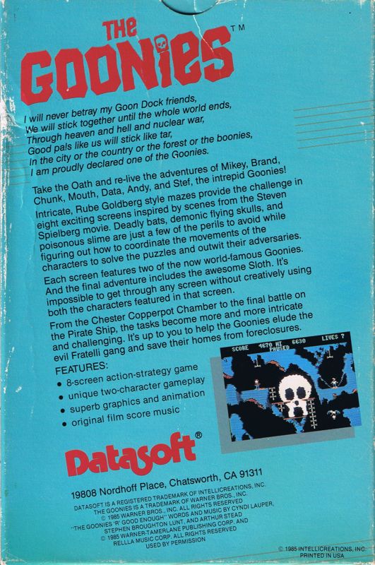 Back Cover for The Goonies (Atari 8-bit and Commodore 64)