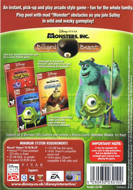Back Cover for Disney•Pixar's Monsters Inc.: Wreck Room Arcade: Eight Ball Chaos (Windows)