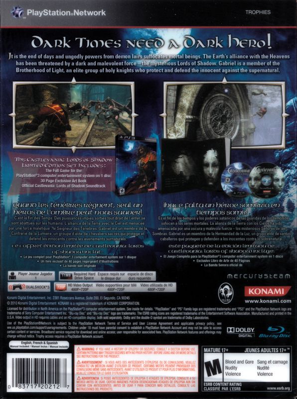 Back Cover for Castlevania: Lords of Shadow (Limited Edition) (PlayStation 3): With Sleeve