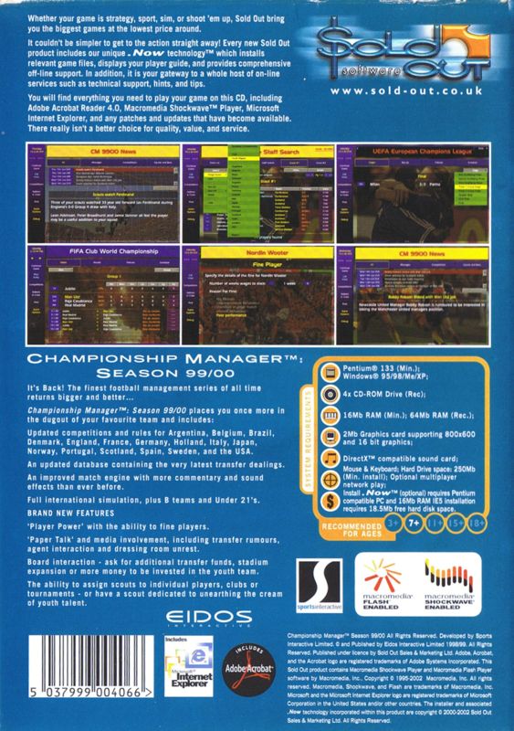 Back Cover for Championship Manager: Season 99/00 (Windows) (Sold Out Software release)