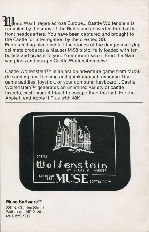 Back Cover for Castle Wolfenstein (Apple II) ("d" diskette version with orange manual)