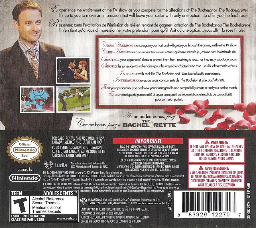 Back Cover for The Bachelor: The Videogame (Nintendo DS)