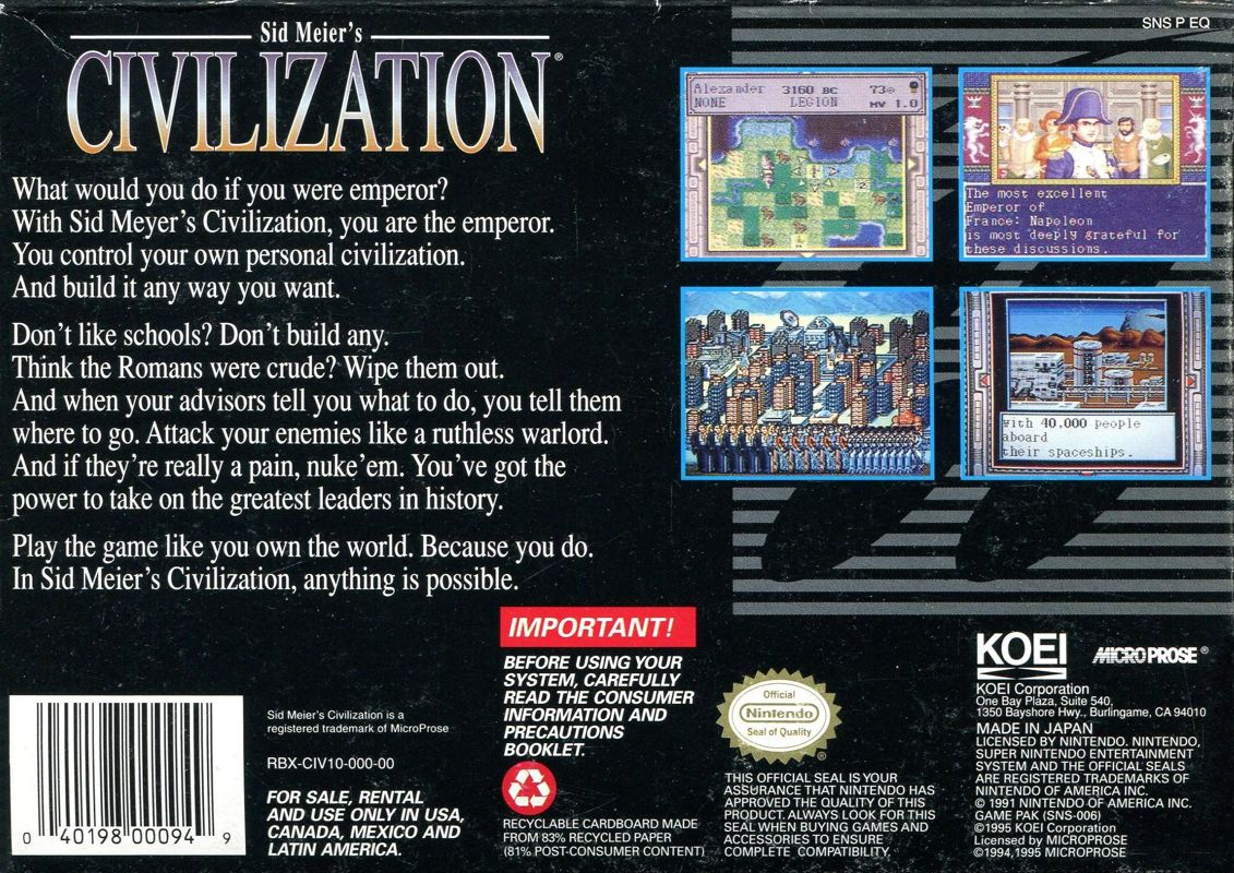 Back Cover for Sid Meier's Civilization (SNES)