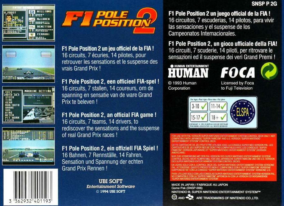 Back Cover for F1 Pole Position 2 (SNES)